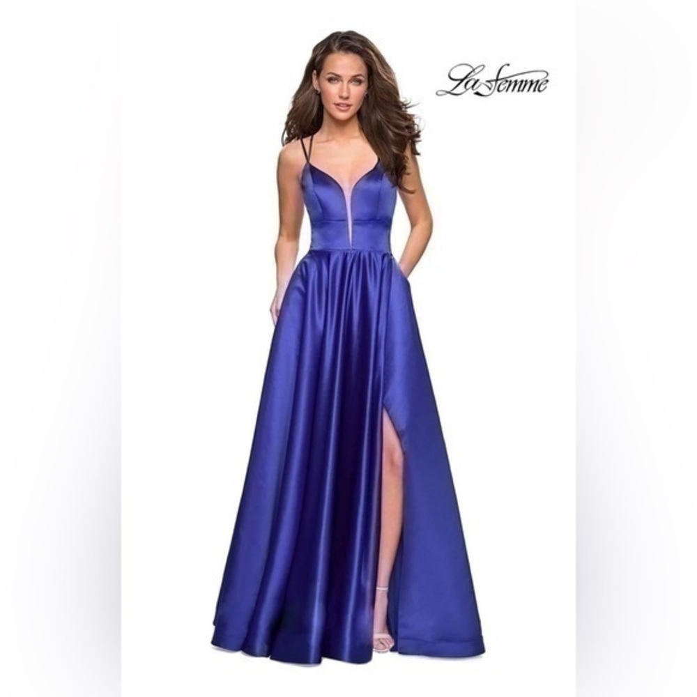 La Femme Sexy Strappy Back Satin A-Line Evening Gown Dress New Size 8